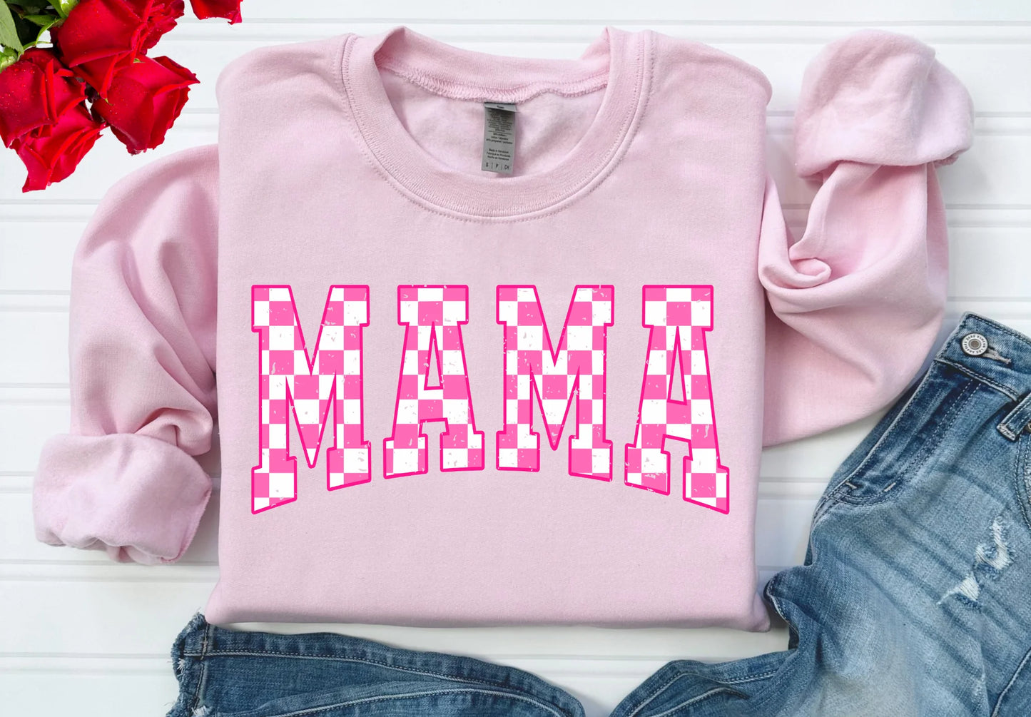 Pink Mama Check Crewneck